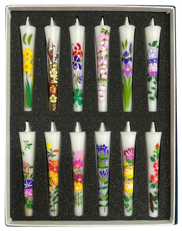 (御供 のし付き 包装品)淡路梅薫堂の手書き絵ろうそく 12本入りセット 四季の花 手描き お花 花ろうそく 和ろうそく 絵蝋燭 12ヶ月 お供え物 #3064
