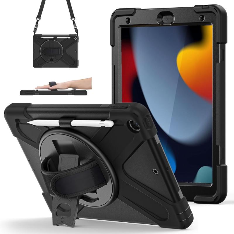 ZenRich iPad 9世代/8世代/7世代 ケース 耐衝撃 保護フィルム付き/ペン収納/360°回転スタンド ハンドストラップ/ショルダーストラップ 全面保護カバー ipad 第9世代/第8世代/第7世代 10.2インチ 現場
