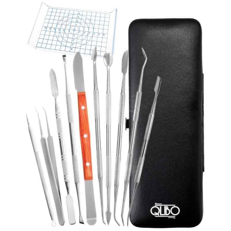 QLIBO スパチュラ セット 造形 粘土細工 ステンレス製 ヘラ ピンセット 10本セット 専用ケース 粘土プレス付き 初心者～上級者