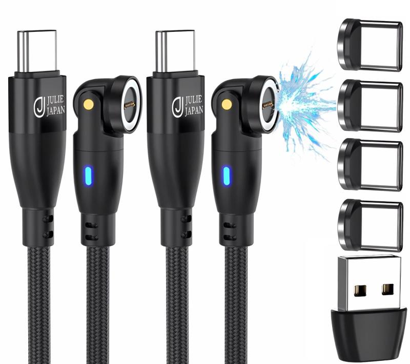JJ JULIE JAPAN マグネット充電ケーブル PD対応 9PIN 60W USBケーブル 2本セット Type-C端子 4個入り 急速充電対応 USB-C QC データ通信対応 スイングヘッド
