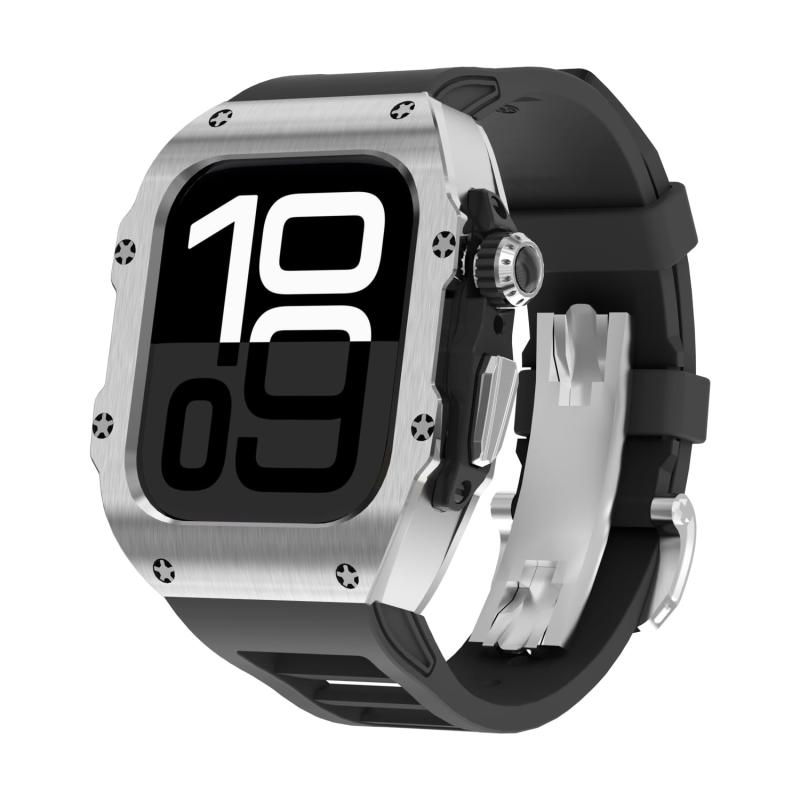 高級Apple Watch 10 46mm メタルケース、フッ素ゴム(FKM) バンド付き、メンズ 耐衝撃性 316LステンレススチールiWatch S10 46m 42mmカバー、高耐久Apple Watch 46mm 42mm保護ケース
