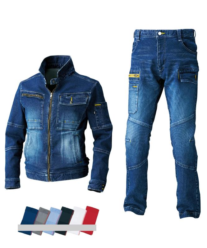 樂天商城 - [寅壱] デニム 上下セット 作業服 作業着 8940-554 ライダースジャケット ＆ 8940-219 カーゴパンツ 年間 タオル(ネームロゴ入り) 1本付