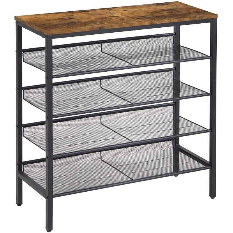 YMYNY 5段シューズラック 4つの網戸棚付き 16ダブルフラット&傾斜調整用 75.5x30x87cm 入り口、廊下、クローゼット用 アンティークブラウン JPHTMJ083H
