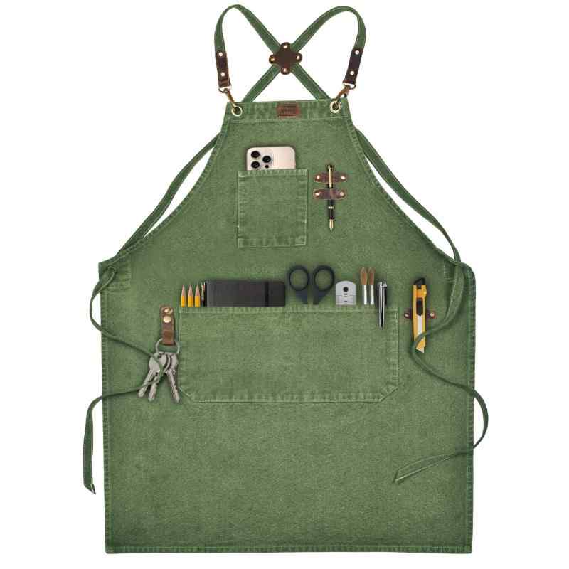 [LEATHER VILLAGE] シェフエプロン メンズ レディース 大きなポケット付き コットンキャンバス クロスバック 調節可能なワークエプロン サイズ M～XXL