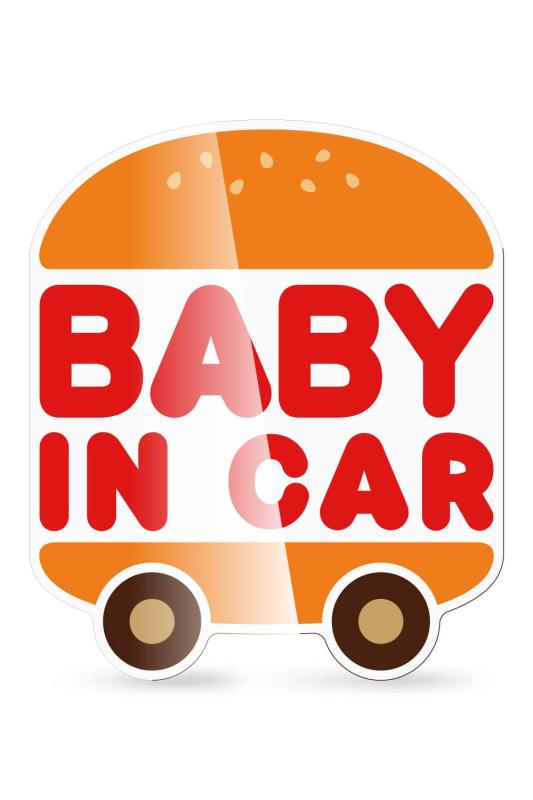 MKEマーケット BABY IN CAR バーガーカー 耐水 ベビーインカー 日本製 (BABY/ステッカー)👶【安全運転を周知】赤ちゃんが乗っていることを後続車に可愛く伝えます☔️【高い耐久性】耐水・耐候性に優れた溶剤インクジェット印刷 + UVカットラミネート加工。🚗【外貼りタイプ】車体や外側のガラス面に貼るシールタイプ。💪【しっかり密着】車体の曲面にも貼りやすく丈夫なPVC(塩ビ)素材+強粘着のりでシールの浮きを防ぐ✅《サイズ》100 × 120 mm / PVC(ポリ塩化ビニル) / 強粘着剤使用 貼り直し不可