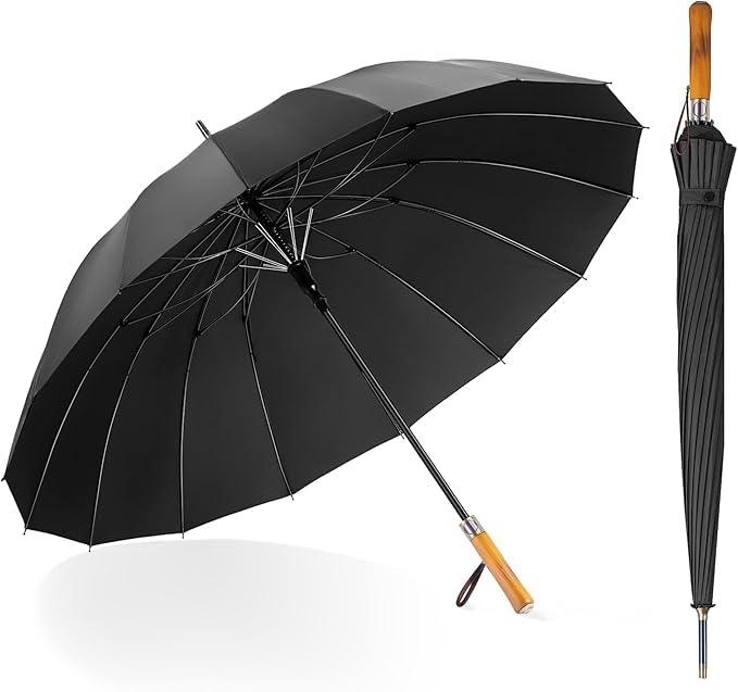【雨傘】傘 レディース 長傘 ジャンプ傘 16本骨 耐風 二重構造 直径105cm 親骨60cm 軽量450g 210T高密度 撥水 防錆センターバー 木製J型ハンドル 通勤 通学 梅雨【16本骨の雨傘で風に強い】 16本骨が傘全体をしっかり支え、ぐらつきを抑えて安定感アップ。通勤・通学など毎日の雨の日に頼れる長傘です。【直径約105cm、1人＋バッグをカバー】 親骨60cm・直径約105cmで肩や荷物まで濡れにくいサイズ感。大きすぎず扱いやすい、ちょうど良い雨傘。【ジャンプ傘：ワンタッチで開く】 片手でもパッと開けるジャンプ式（閉じるのは手動）。荷物が多い日や車の乗り降りでもスムーズに使えます。【置き傘にも 木製Jハンドルで持ちやすい】 手になじむ木製J型ハンドルは握りやすく、腕に掛けて持ち運びもラク。玄関・職場で掛け置きしやすく、通勤傘／通学傘として毎日使いやすい雨具です。【雨具・レイングッズとして安心の生地感】 210T高密度生地でしっかりした使い心地。二重構造で安定性をサポートし、防錆センターバー＆留め具など細部も実用的に仕上げました。