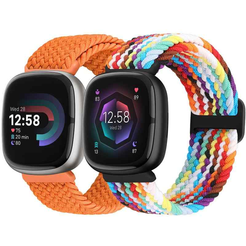 [Acortjl] 弾性編組ソロループバンド Fitbit Versa 4/Fitbit Sense 2/Fitbit Versa 3/Fitbit Sense に対応、伸縮性のあるストラップナイロンスポーツリストバンド、女性、男性用、 2パック