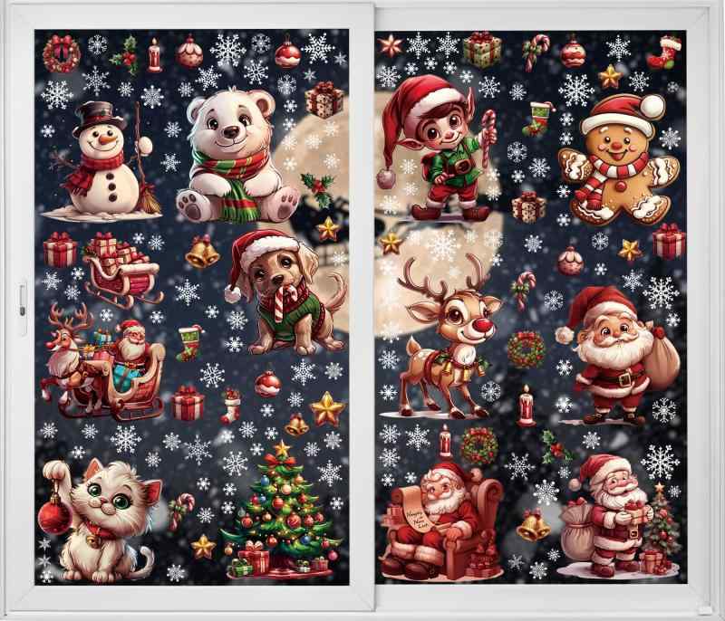 Rakuten - 12枚入り171個入り ビッグサイズ クリスマス ウィンドウステッカー - サンタ、トナカイ、犬＆猫のウィンドウステッカー＆デカール。ご家庭、学校、オフィス、パーティー用品に