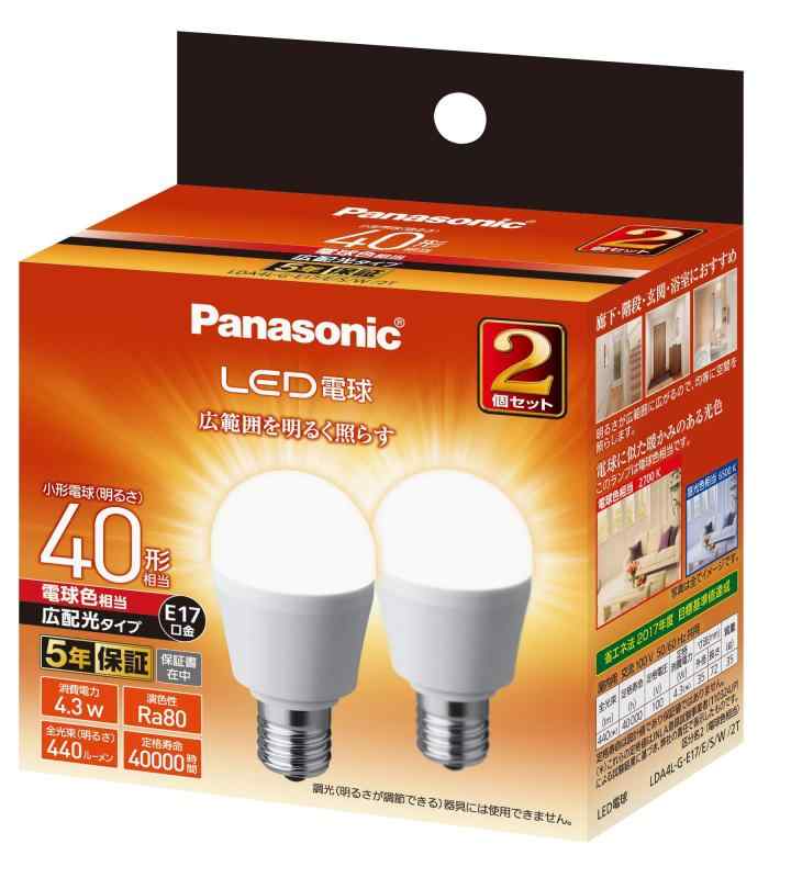 パナソニック ミニクリプトン型 LED電球 口金直径17mm 電球40W形相当 電球色相当(4.3W) 小形電球・広配光タイプ 2個入 密閉器具対応 LDA4LGE17ESW2T配光角180度で広範囲を明るく照らす断熱材施工器具対応密閉型器具対応光色:電球色相当口金E17定格寿命:40,000時間調光器対応:×光色:電球色相当