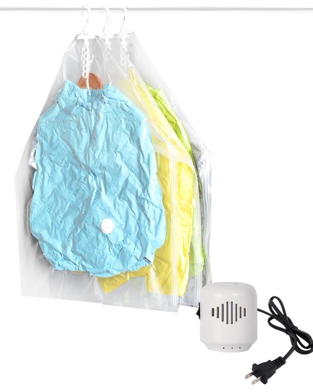 衣類圧縮袋 吊るせる圧縮袋 透明【3枚セット・電動ポンプ付き】【1袋で5着圧縮】掃除機不要 真空バッグ..