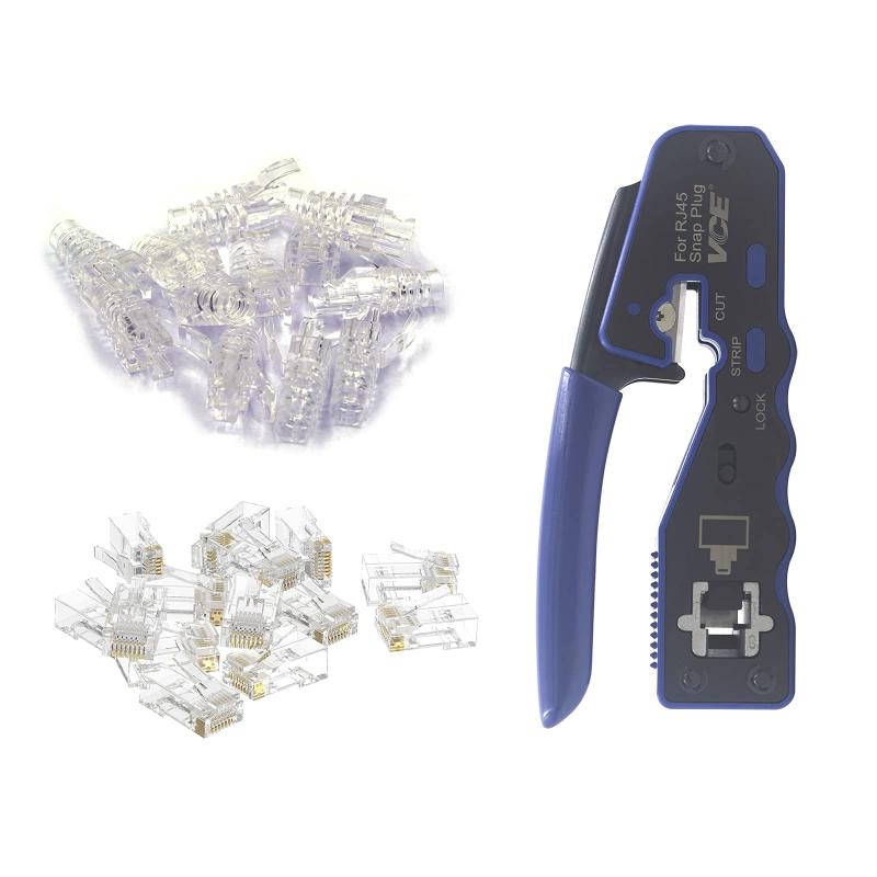 Rakuten - VCE GJ670BL RJ45圧着工具+貫通式RJ45コネクタ+保護カバー CAT6、CAT5 LANケーブル用 配線簡単 圧着中切断 爪折れ防止 25個セット
