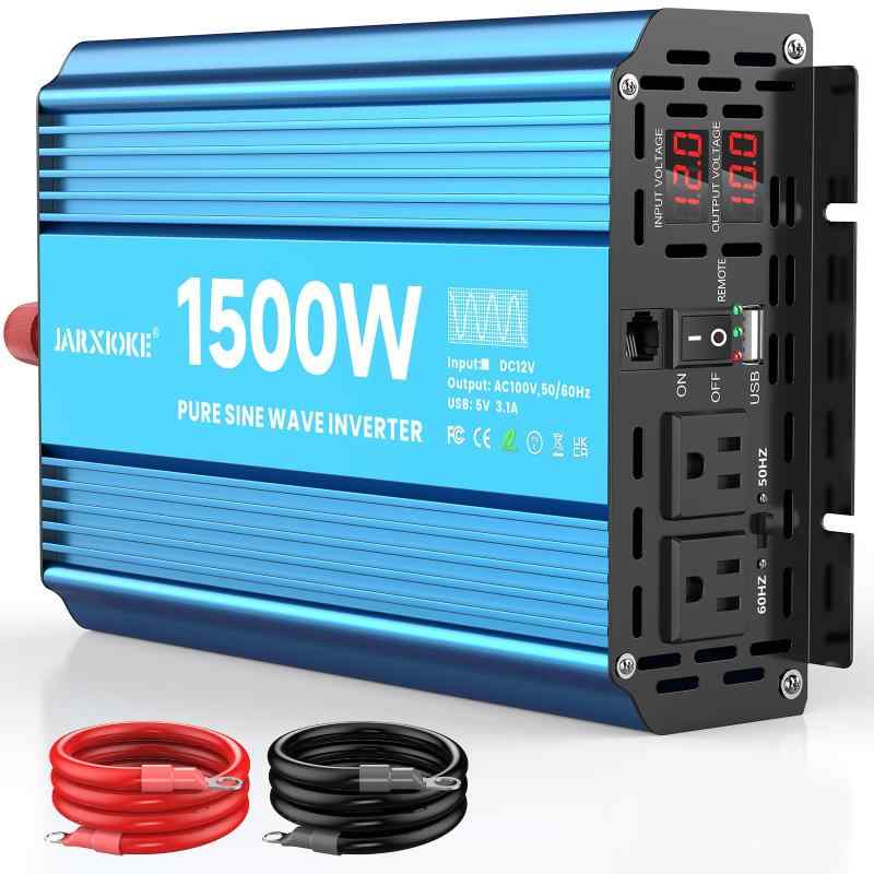 JARXIOKE インバーター 正弦波 12V 100V 1500W/2000W DC12VをAC100Vに変換 瞬間出力3000W/4000W AC出力コンセント×2 USBポート×1 50Hz/60HZ切替可能 RVキャンペーンカー キャンプ 非常用