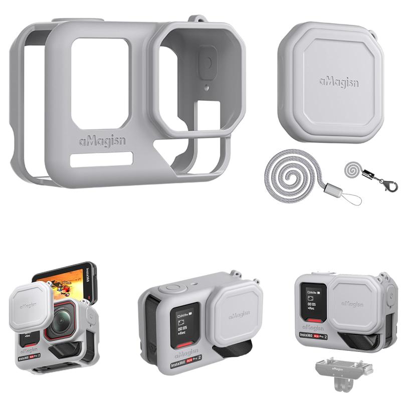 Insta360 Ace Pro2用 ケース+シリコン製レンズカバー+ストラップ Ace Pro2保護ケース インスタAce Pro2アクセサリー バッテリー交換可能 熱伝導性 磁気マウントと併用可能 Ace Pro2 保護カバー レンズ