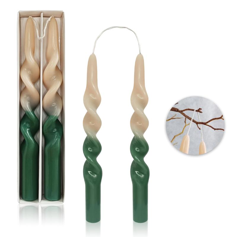 手作りのテーパーキャンドル バイカラー スパイラルキャンドル ろうそく芯がつながっている 蝋燭 無香料 ディナーキャンドル 結婚祝いアニバーサリークリスマスキャンドル 2個入り