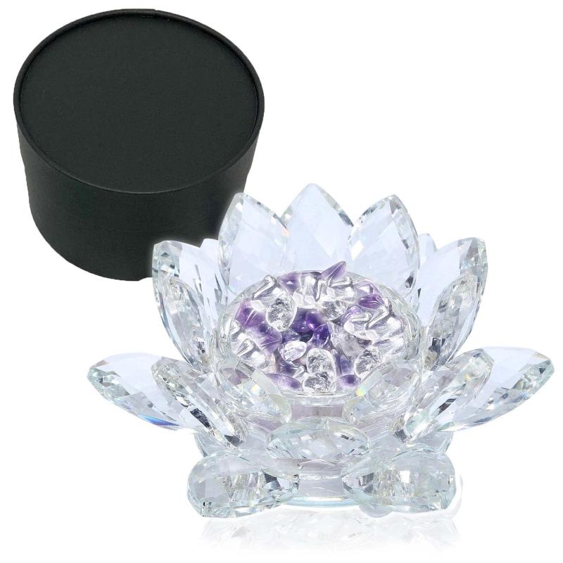 【六識堂＼Rokushiki‐do．jp】サンキャッチャー 蓮の花 クリスタル 置き物 水晶 アメジスト さざれ石 浄化用 風水 玄関 金運 癒し オブジェ