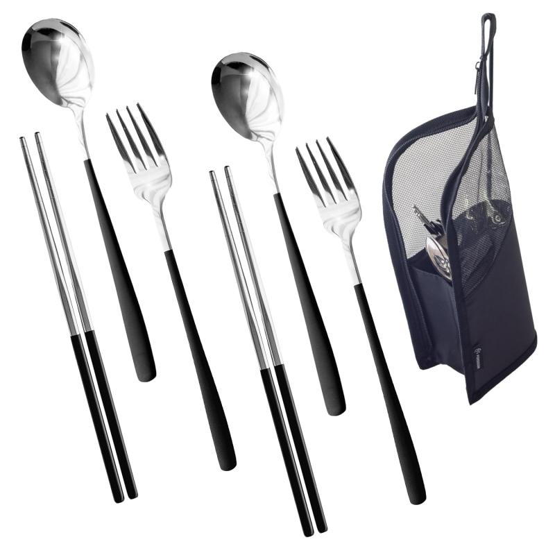 FOXDOOR カトラリーセット 箸 スプーン フォーク 収納 ケース 北欧 防災 20cm 黒 ステンレス キャンプ ..
