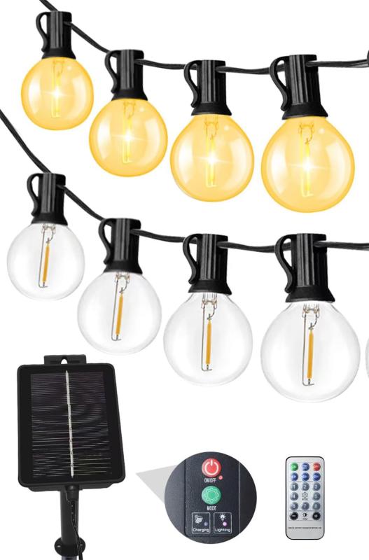 LEDストリングライト 14.5M ソーラー ストリングライト 電球色 IP65防水防雫レベル ソーラー ガーデンライト 自動点灯消灯 自動充電 省エネ 25個G40型PET材質LED電球 割れにくい E12口金 8っモー