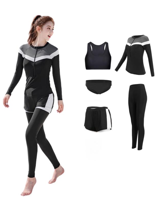 [xulee] ラッシュガード 水着 レディース 体型カバー タンキニ 5点セット [UVカット UPF50+・吸汗速乾] 日焼け止め フィットネス レギンス サーフパンツ 長袖 前開き セパレート スイミングビー