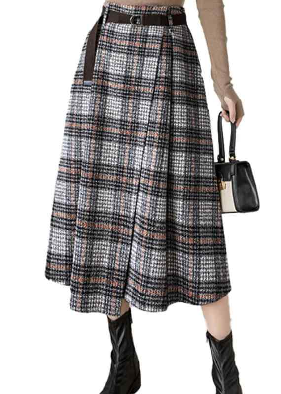 [アイカ] スカート Aライン チェック 巻き ミモレ フレア ラップ チェック柄 格子柄 暖かい アシメトリー トラッド 可愛い カジュアル おしゃれ 厚手 起毛 ツイード ベルト付き ミモレ丈 レデ