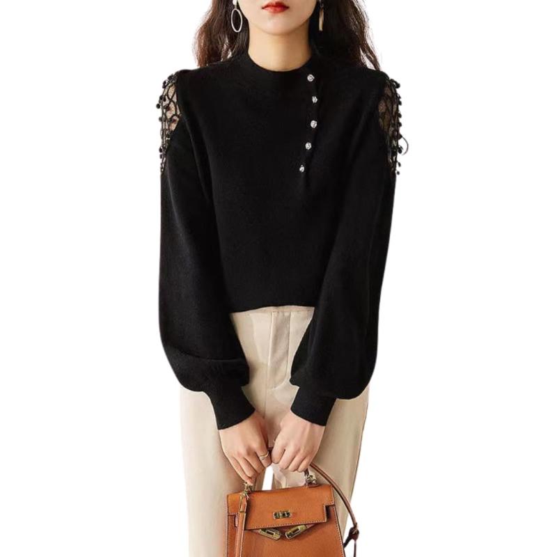 [ROSELUCA.] 【上品さをプラス】 薄手 ニット セーター レディース レース 透かし彫り シアーベール袖 長袖 丸首 エレガント 春 秋