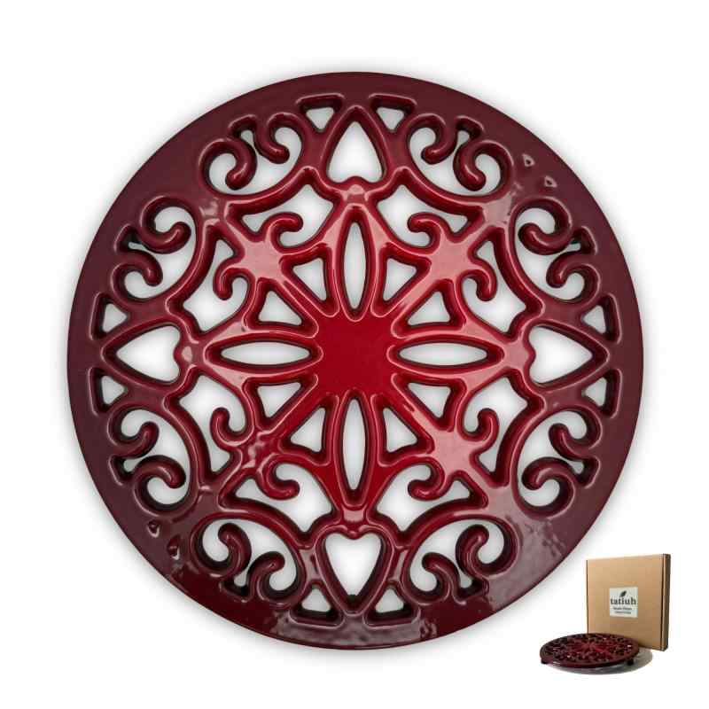 tatiuh 鍋敷き 鋳鉄製 20cm 丸型 ホーロー仕上げ おしゃれ 北欧風 キッチン雑貨 耐熱 白/赤 鍋置き トリベット