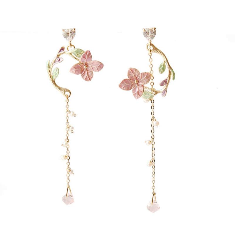 Rakuten - Candy girls ピアス 花 和風 チェーンピアス 非対称 レーディス 人気 925シルバー 金属アレルギー対応 パール 琺瑯 非対称 立体 大人可愛い ロングピアス 花 ぴあす プレゼント 彼女 アクセサリ
