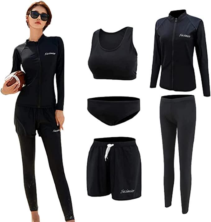 [Eolluka] 水着 レディース 5点セット 体型カバー フィットネス水着 長袖ラッシュガード セパレート タンキニ オシャレ ショートパンツ UVカット 接触冷感 水陸両用 ソフト肌触り…