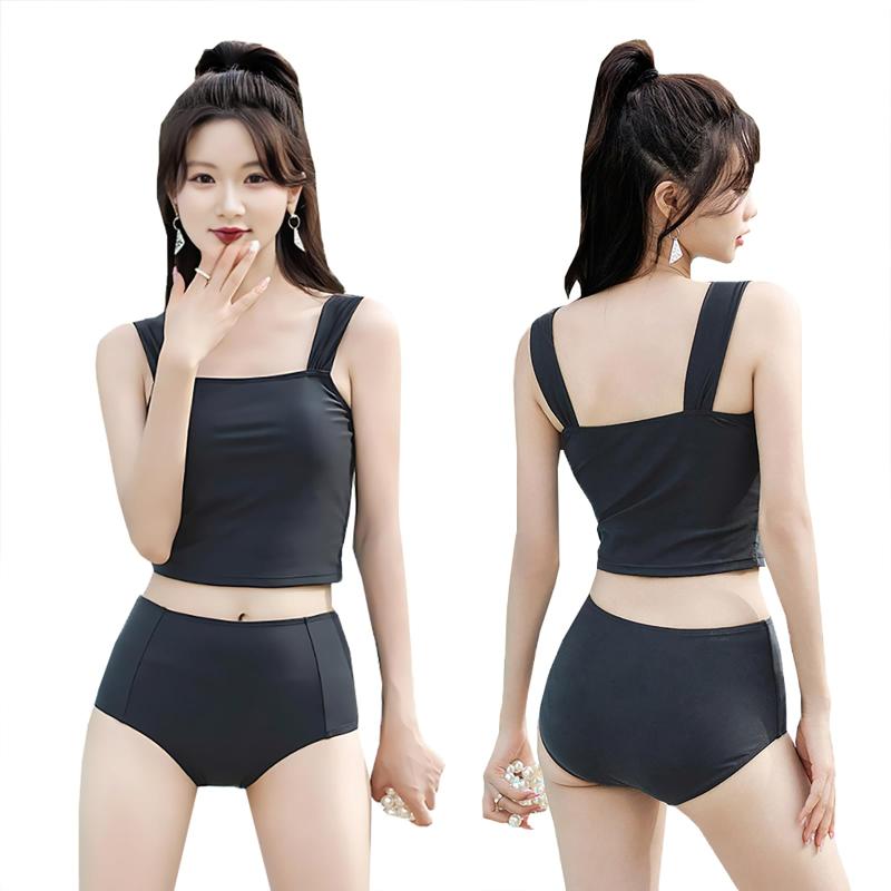 [YOUHA] 水着 タンキニ レディース 体型カバー 2点セット ビキニ セパレート ビスチェ風ブラ ブラトップ クロップド丈 肩紐 太い ノンワイヤー パッド付き ハイウエスト カバーアップ モノト
