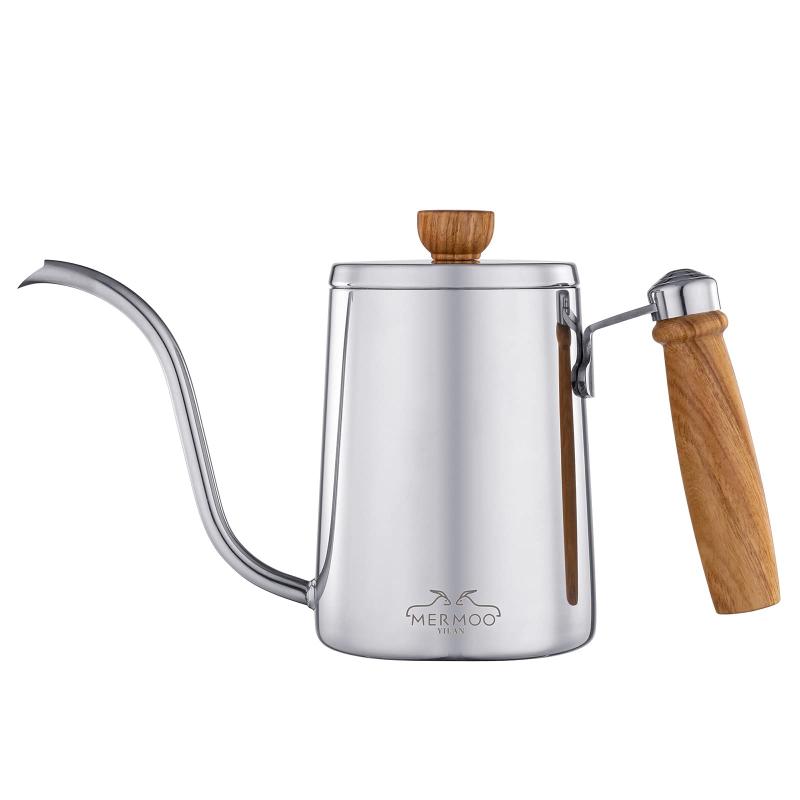 MERMOO YILAN 【静衡】コーヒー ドリップ ポット コーヒー ケトル 木柄 蓋付き 人気 ドリップケトル 600ML 直火 コーヒー ポット ステンレス キャンプ やかん