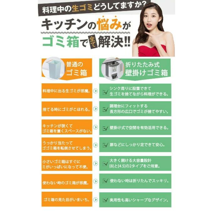 壁掛けゴミ箱 ゴミ箱 蓋なし 北欧 折り畳み U型 洗面所 台所 ゴミ箱 壁掛け 折りたたみ キッチン 用ゴミ箱 リビング 生ゴミ 便利 吊るす [2]