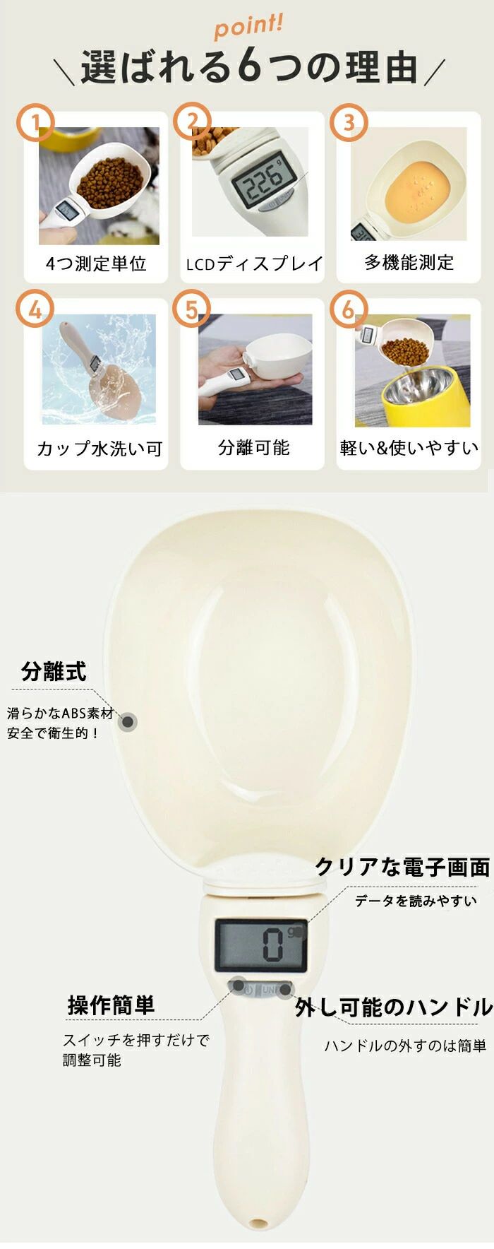Maison Hacciのペットフード 計量カップ 犬 猫 ペット フード計量器 電子計量 スプーンスケール ペット取り外し可 計量スプーン LCDモニター測定 計量｜アングル3