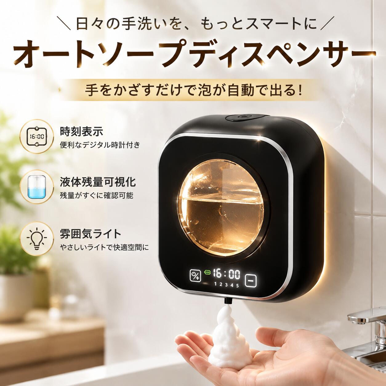 オートソープディスペンサー 泡 自動 ソープディスペンサー 壁掛け 非接触 ハンドソープ 自動吐出 穴あけ不要 貼り付け式 残量確認可能 おしゃれ
