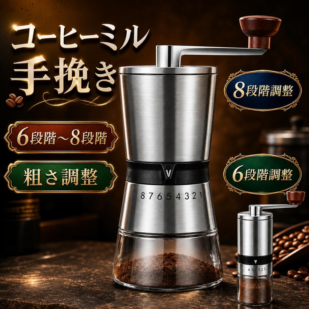 手軽に本格的なコーヒーの香りを引き出せる、セラミック刃手挽きコーヒーミルです。 粒度調整が可能で、お好みの粗さに合わせて挽けるため、自宅でもアウトドアでも、いつでも新鮮なコーヒーを楽しめます。 ■POINT 1：均一に粉砕できるセラミック研磨コア 36mm のセラミックコアを採用し、機械的に安定した研磨精度を維持。 豆の粒を均一にカットできるので、抽出時のムラが少なく、コーヒー本来の豊かな香りと風味を引き出します。 また、熱を持ちにくい素材のため、挽いた粉に熱による臭いが移らず、異臭が残る心配もありません。水洗い可能で衛生的に使えます。 ■POINT 2：6 段階 / 8 段階の粒度調整に対応 6 段階調整：細挽きから粗挽きまで、手軽に粒度を変更可能。エスプレッソからドリップまで、一般的な抽出方法に対応します。 8 段階調整：より細かい調整が可能で、抽出器具やお好みの味に合わせて、こだわりの粒度を選べます。 ダイヤル式の目盛りで簡単に調整できるので、初心者でも迷わず使えます。 ■POINT 3：コンパクトで携帯に便利なポータブル設計 6 段階モデル：約 5.2×19cm（ハンドル長さ 13cm）、重量約 364g と軽量コンパクト。 豆収納容量 15-18g、粉収納容量 105g で、一人分のコーヒーに最適。 8 段階モデル：約 8.5×21.5cm（ハンドル長さ 15cm）、重量約 570g。 豆収納容量 80g、粉収納容量 185g で、複数人分のコーヒーにも対応可能。 どちらもバッグにすっきり収まるサイズで、キャンプ・登山・旅行などのアウトドアシーンにもぴったりです。 ■POINT 4：延長ハンドルでスムーズな挽き心地 ハンドルは長さ 10.6cm（6 段階）/12cm（8 段階）の延長設計で、少ない力でスムーズに回せます。 木製のノブは手触りが良く、長時間挽いても手が疲れにくいです。 ステンレス製の本体は丈夫で錆びにくく、長期間の使用にも耐えられます。 ■POINT 5：簡単操作＆水洗い可能でお手入れ楽々 電源不要なので、場所を選ばずいつでも使えて環境にも優しいです。 組み立ても簡単で、以下の手順でコーヒー豆を挽けます： ハンドルを取り外し、カバーを開ける コーヒー豆を投入する 粒度調整ダイヤルを回し、お好みの粗さに設定する ハンドルを回して豆を粉砕する 粉受け容器からコーヒー粉を取り出す 分解して水洗いが可能なので、挽き終わった後のお手入れも簡単で、いつでも清潔に使えます。 ■ご注意 ※粒度調整の目盛りは、目安としてご使用ください。豆の種類や挽く時間により、粉の粗さに多少の差が生じる場合があります。 ※初回使用前に、水洗いしてからご使用ください。 ※本製品は手挽き式のため、一度に大量の豆を挽くのには適しておりません。