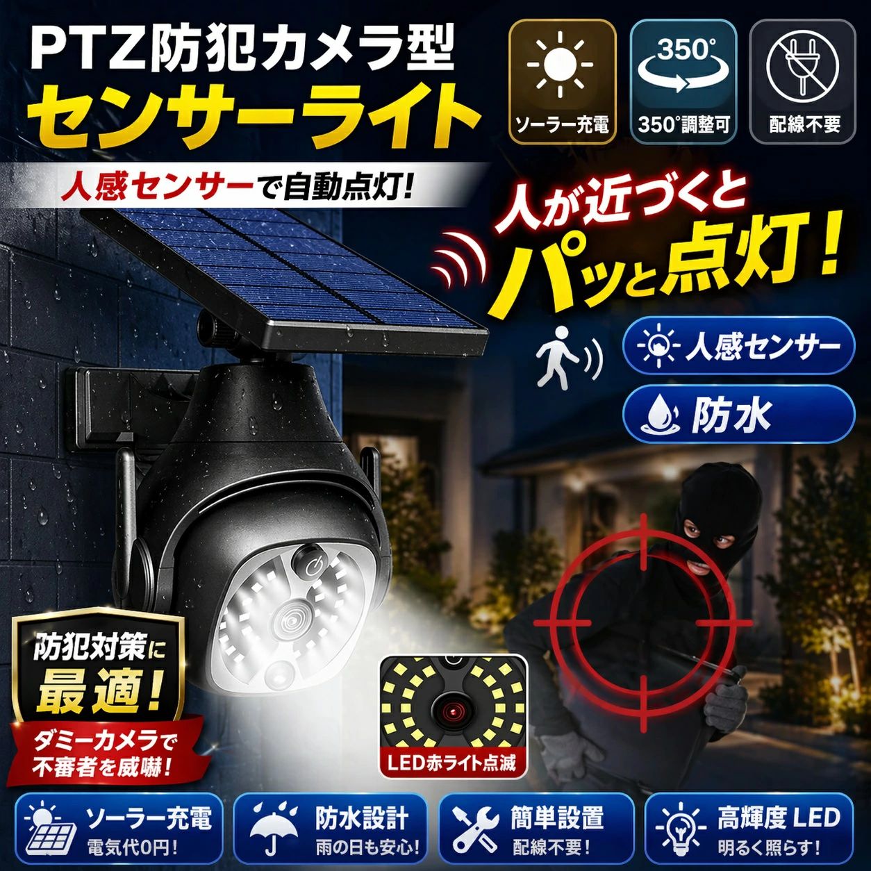 乐天商城 - ソーラーライトセンサーライト 屋外 led ソーラー 防水 防塵 PTZ防犯カメラ型 明るい ダミーカメラ 人感センサー 小型 玄関 駐車場 カ