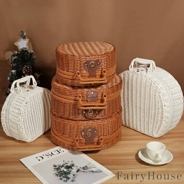 【無料送料】ビンテージラタン編みスーツケース収納ボックス - 大容量ピクニックバスケット、安全なロ..