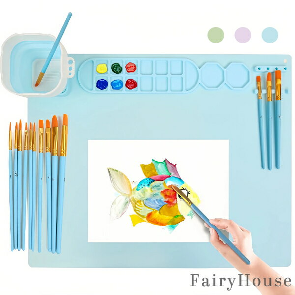 【無料送料】1セット シリコンペイントマット- シリコンアートマット、ペンホルダー1個とペイントブラシ10本付き-多功能シリコン美術マット - 折りたたみ可能、...