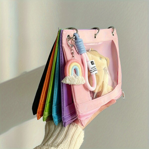 【無料送料】レインボー 6色 オックスフォードクロス 3リングバインダー バッグ ドキュメント、領収書、雑貨収納用、レインボーアクセサリー、ランヤード付き、化粧品ケース