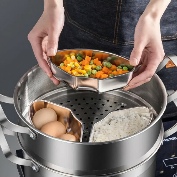3点セット ステンレススチール 蒸し器 インサート セット、扇形仕切り付き 調理鍋 ご飯、卵、野菜用、電気不要、キッチン必需品