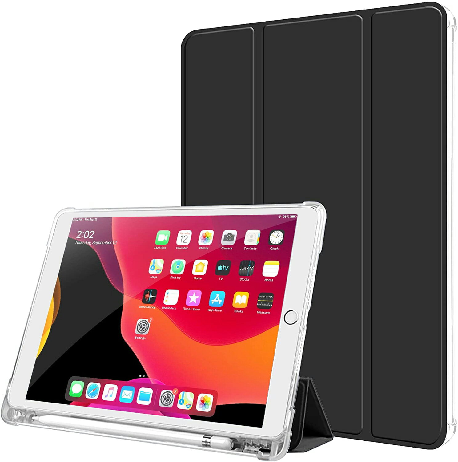 10.2インチ iPadケース iPad 第9世代/第8世代/第7世代対応 ペンシル収納付き 保護カバー クリアバックケース 三つ折りカバー オートスリープ機能 自立スタンド 薄型/ハードタイプ 手帳型 全面保護型