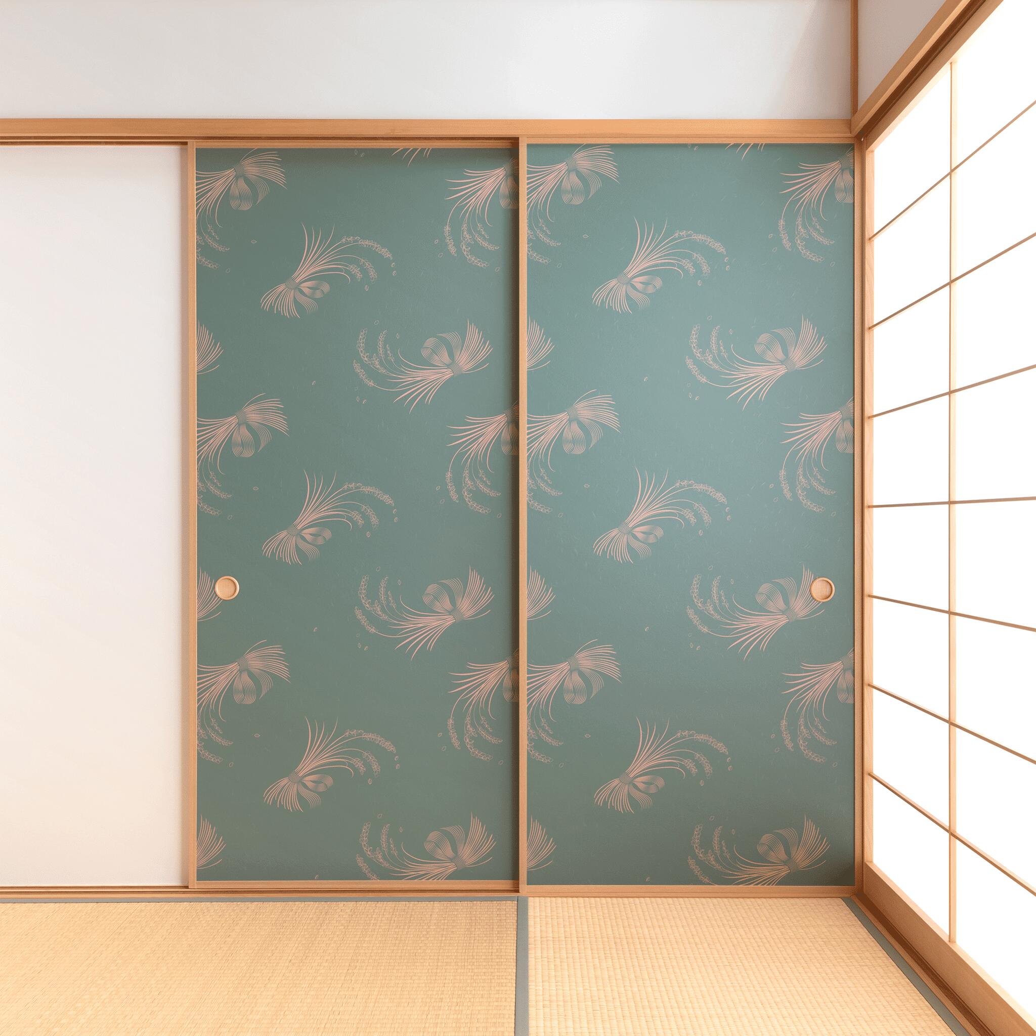 【送料無料】【本襖・和襖】waccara【ワッカラ】天袋付・片面貼り（押入用）【稲穂そよぐ inaho soyogu 緑】※ 天袋の仕上げ高600mm迄・押入の仕上高1910mm迄 ※仕上幅?920mm迄