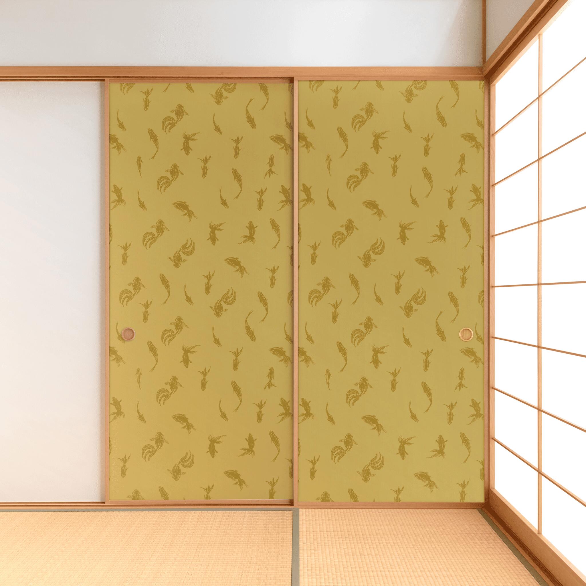 【送料無料】【本襖・和襖】waccara(ワッカラ）両面貼り（入口用）【金魚模様 金 kingyomoyo】※仕上幅..