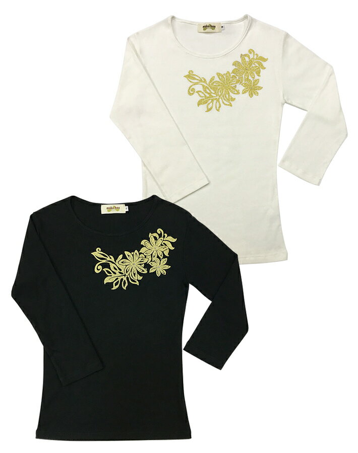 maka hou フラ レッスンTシャツ 7分袖 ゴールドティアレ　フラダンス Tシャツ レディース フラダンス t..