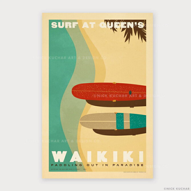 ニックカッチャー ハワイトラベルプリント Waikiki - Surf at Queen's【Nick Kuchar nickkuchar ハワイ 　ハワイアンアート ハワイアン雑貨 ポスター 絵画 絵 ハワイ アーティスト ワイキキ 】