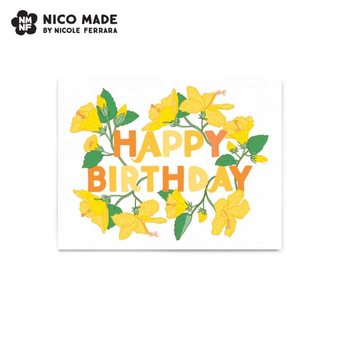 Rakuten - ニコメイド メッセージカード Birthday Yellow Hibiscus【NICO MADE ハワイ ハワイアン ブランド 人気 グリーティングカード バースデーカード　誕生日　トロピカル 　花　ハイビスカス　フラワー　黄色　イエロー　 雑貨 西海岸 ポストカード メッセージカード イラスト】