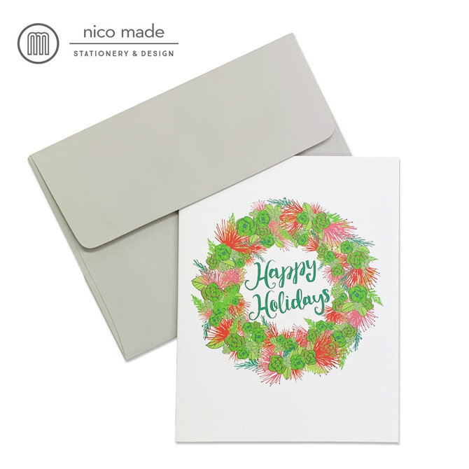 クリスマスカード（1000円程度） ニコメイド グリーティングカード Happy Holiday Ohia Wreath 【nico made ハワイ ハワイアン ブランド 人気 クリスマスカード クリスマス サーフ 雑貨 ポストカード メッセージカード ノースショア お土産 お店 海 レインボー イラストハ】