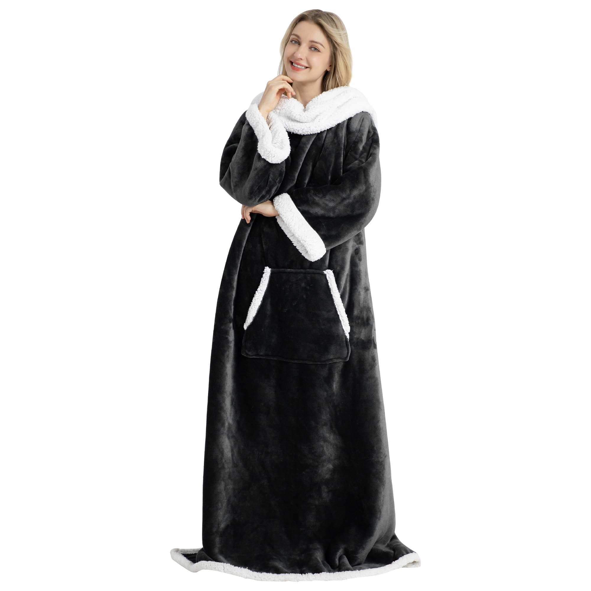 [Winthome] 袖付き毛布 裏ボア 極暖 着るブランケット 大人用 厚手 メンズ レディース 大きいサイズ 冬 防寒 ソファー オフィス リビング 暖かい 洗える ギフト対応 ポケット付き (ブラック, 140×180CM)