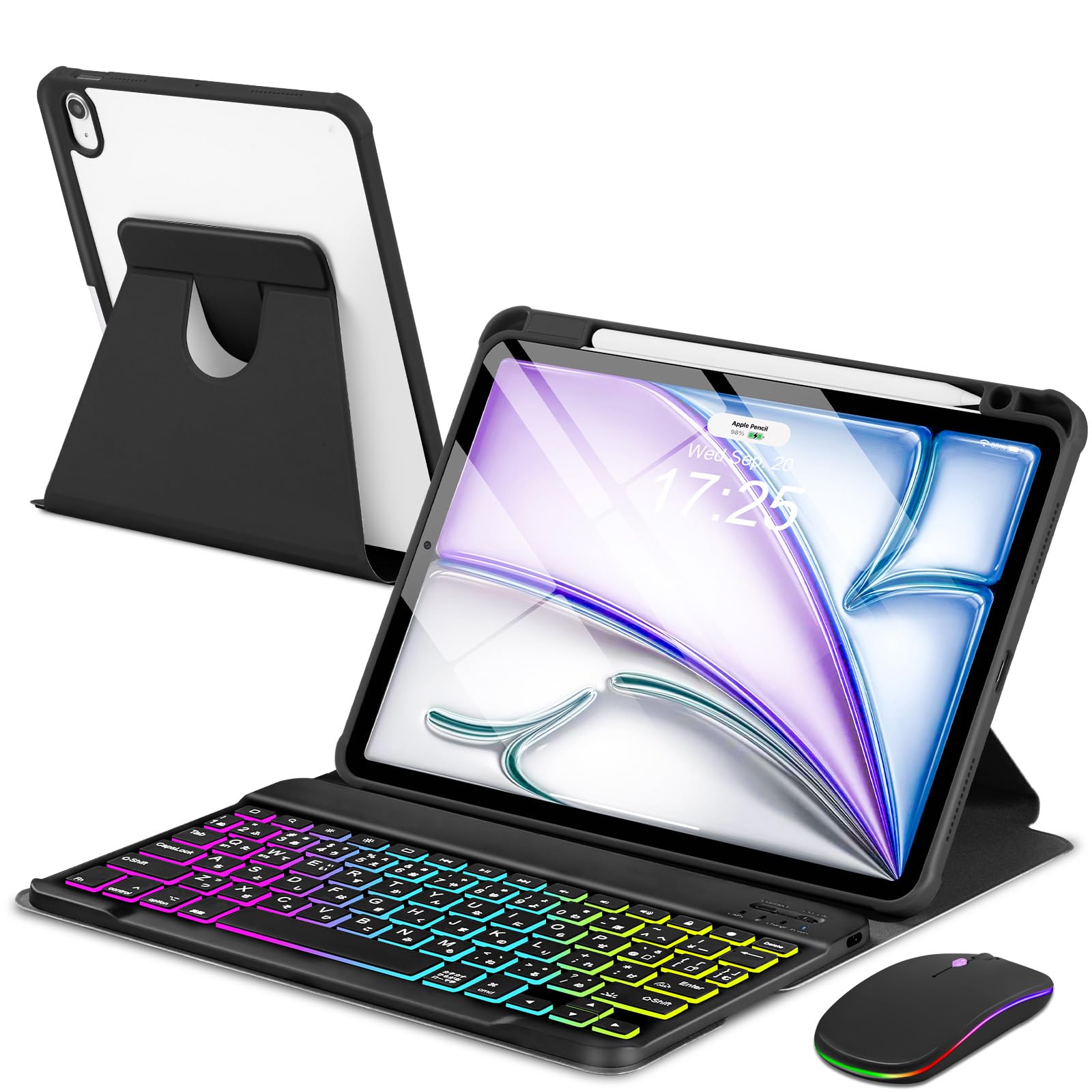 EAMPANG JIS日本語配列 iPad Air 11インチ M3 2025/M2 2024/Air 10.9インチ第6/5/4世代マウスとキーボードケース, 7色レインボーバックライト Type-C充電 脱着式 スマート 多機能 ワイヤレス キーボード