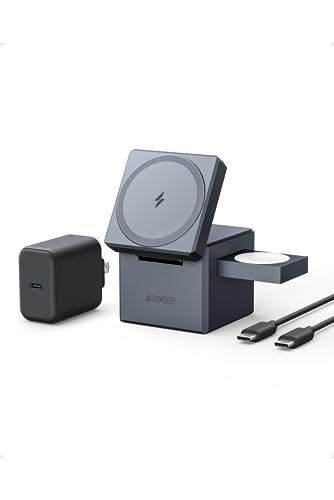 Anker 3-in-1 Cube with MagSafe: マグネット式 3-in-1 ワイヤレス充電ステーション/USB急速充電器付属/ワイヤレス出力/Apple Watchホルダー付/MFi認証/iPhone15 Apple Watch対応