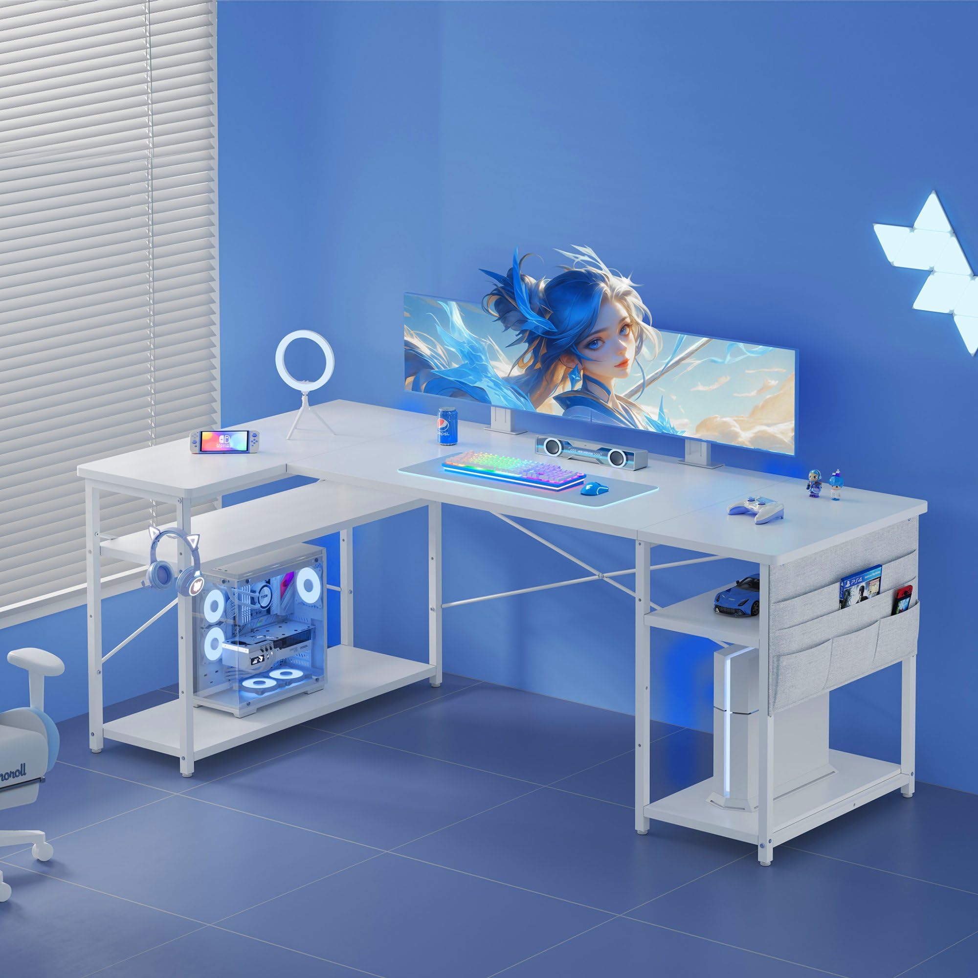 YeTom l字デスク ゲーミングデスク デスク 幅150cm pcデスク コーナーデスク 棚板高さ調節可能 収納袋付き L字型 PC 勉強机 作業 在宅勤務 リモートワーク ゲーム 書斎 収納ラック付き 白い [2]