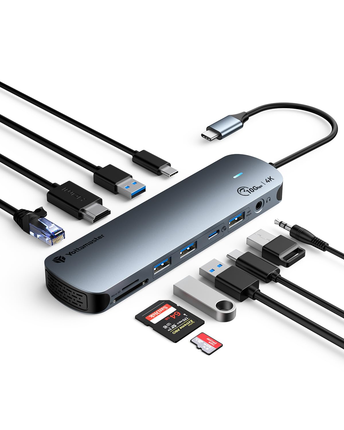 【2024最新登場】Yottamaster USB Cハブ (11-IN-1, 3個10Gbpsのポート) USB-C3.2 Gen2 超高速データ転送 Type-Cアダプター 4K@60Hz HDMI出力 100W PD急速充電 ギガビットイーサネットL
